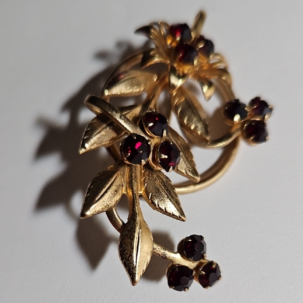 Intricate Gold and Red Floral Brooch